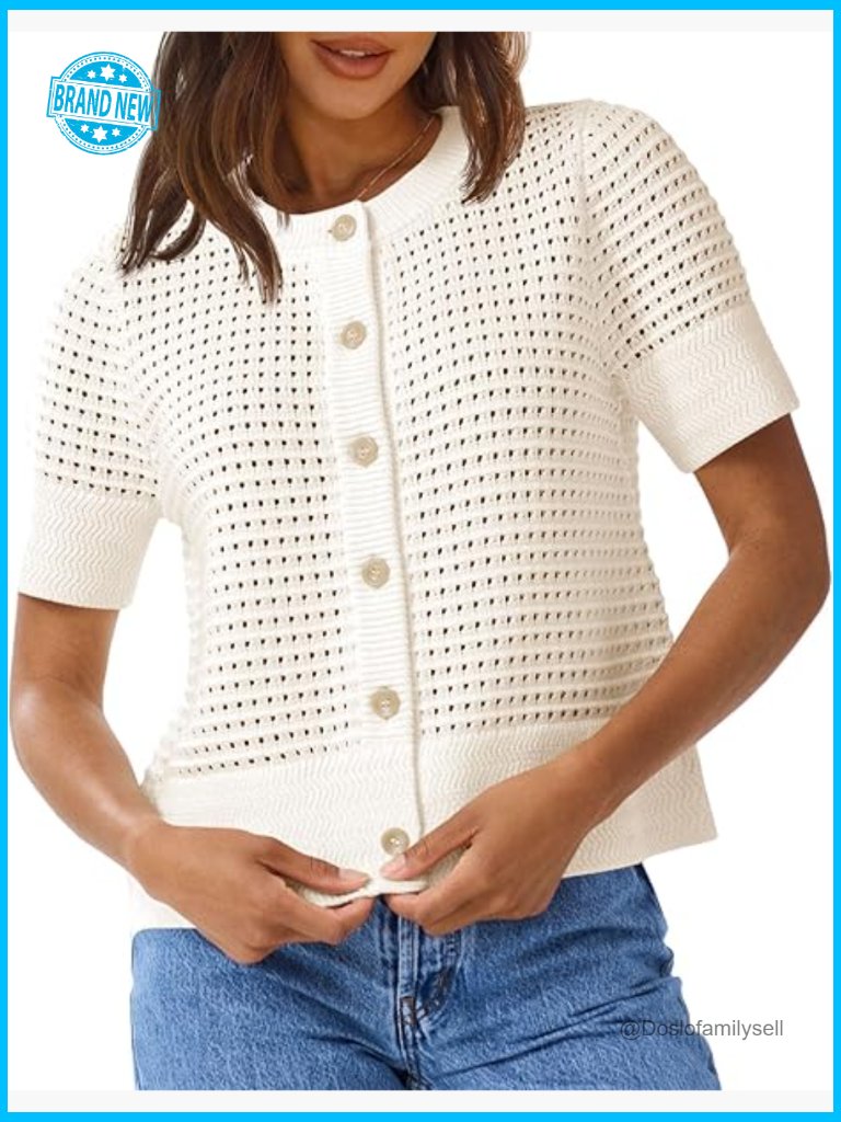Crochet Short Sleeve Cardigan Button Up Crew Neck Lightweight Knit Sweater Tops
